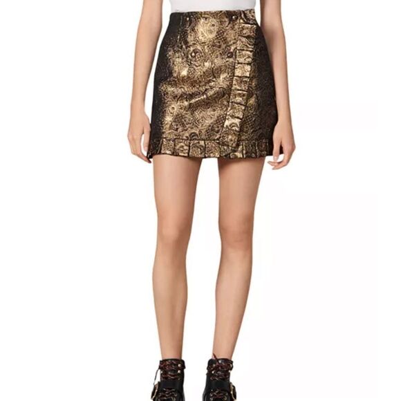 Sandro Paris Goldena Metallic Bronze Brocade Ruffled Mini Skirt - Picture 2 of 16
